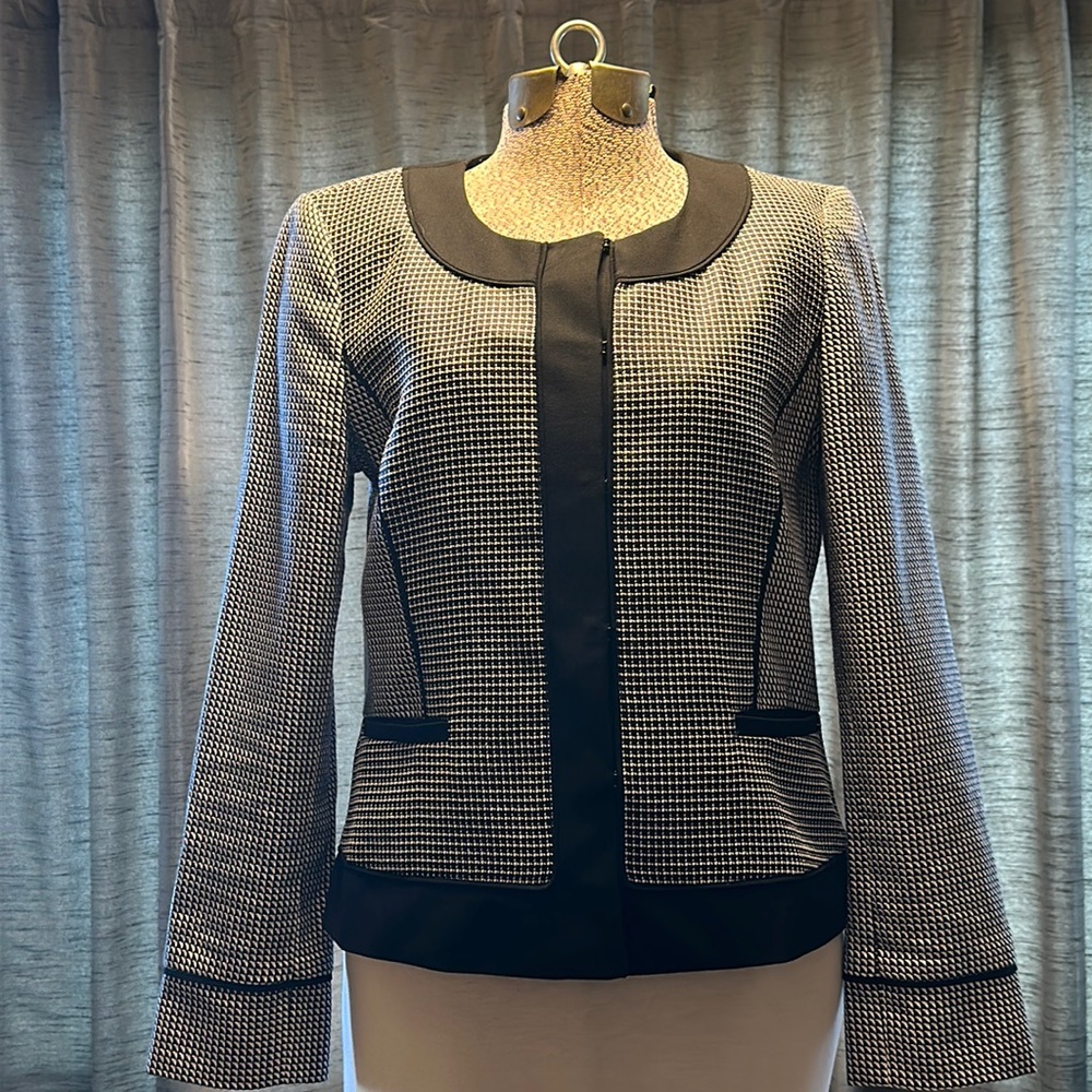 Ann Taylor Houndstooth Jacket Dark Navy Black & White With Pockets Size 4 VEUC